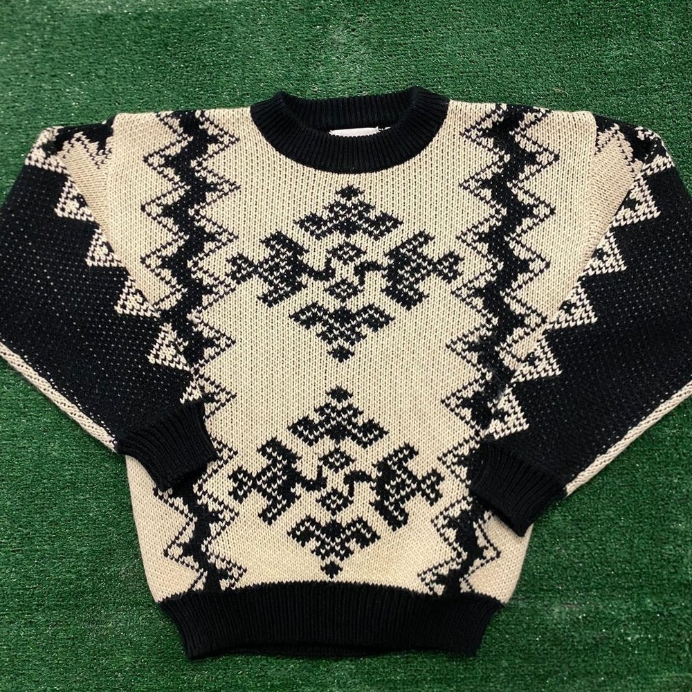 Vintage 90s Abstract Geometric Pattern Crewneck Sweater Chunky Knit Pullover M